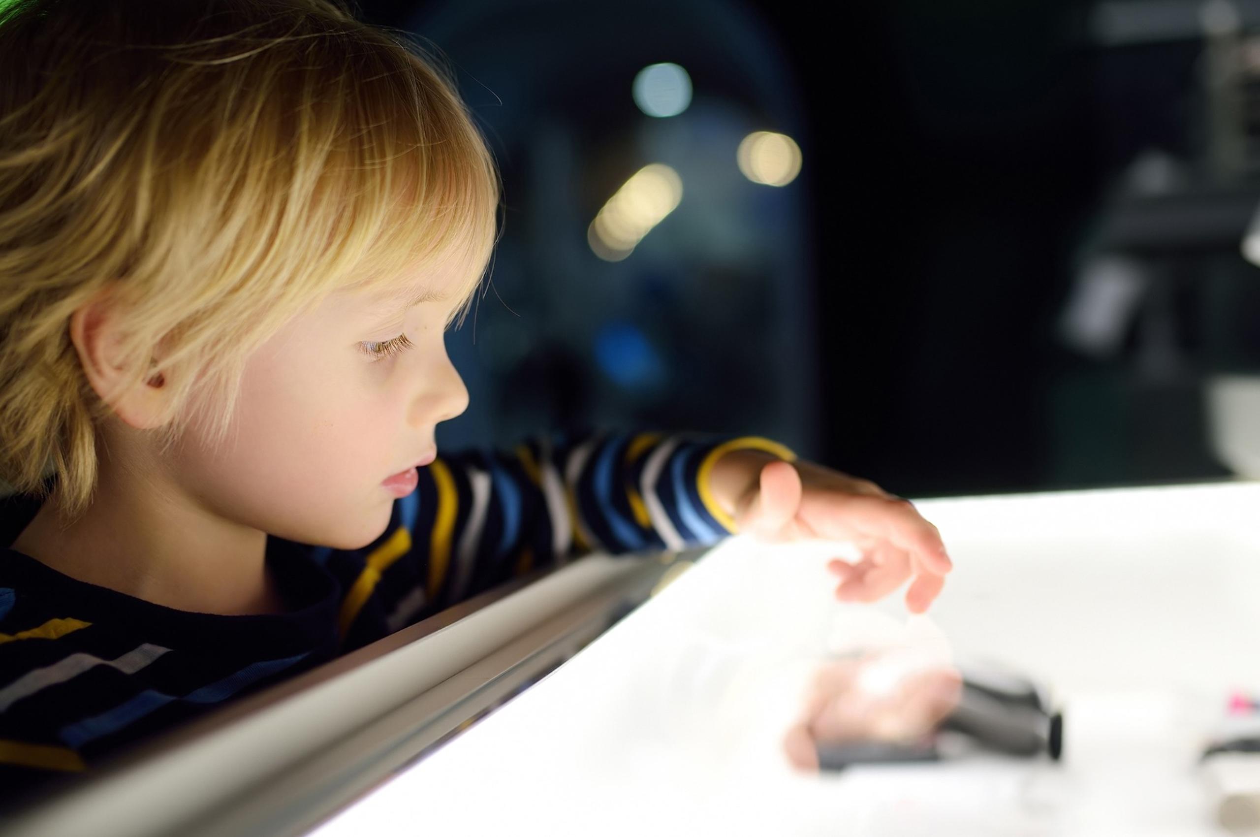 A close up of a child looking at a museum artefact
